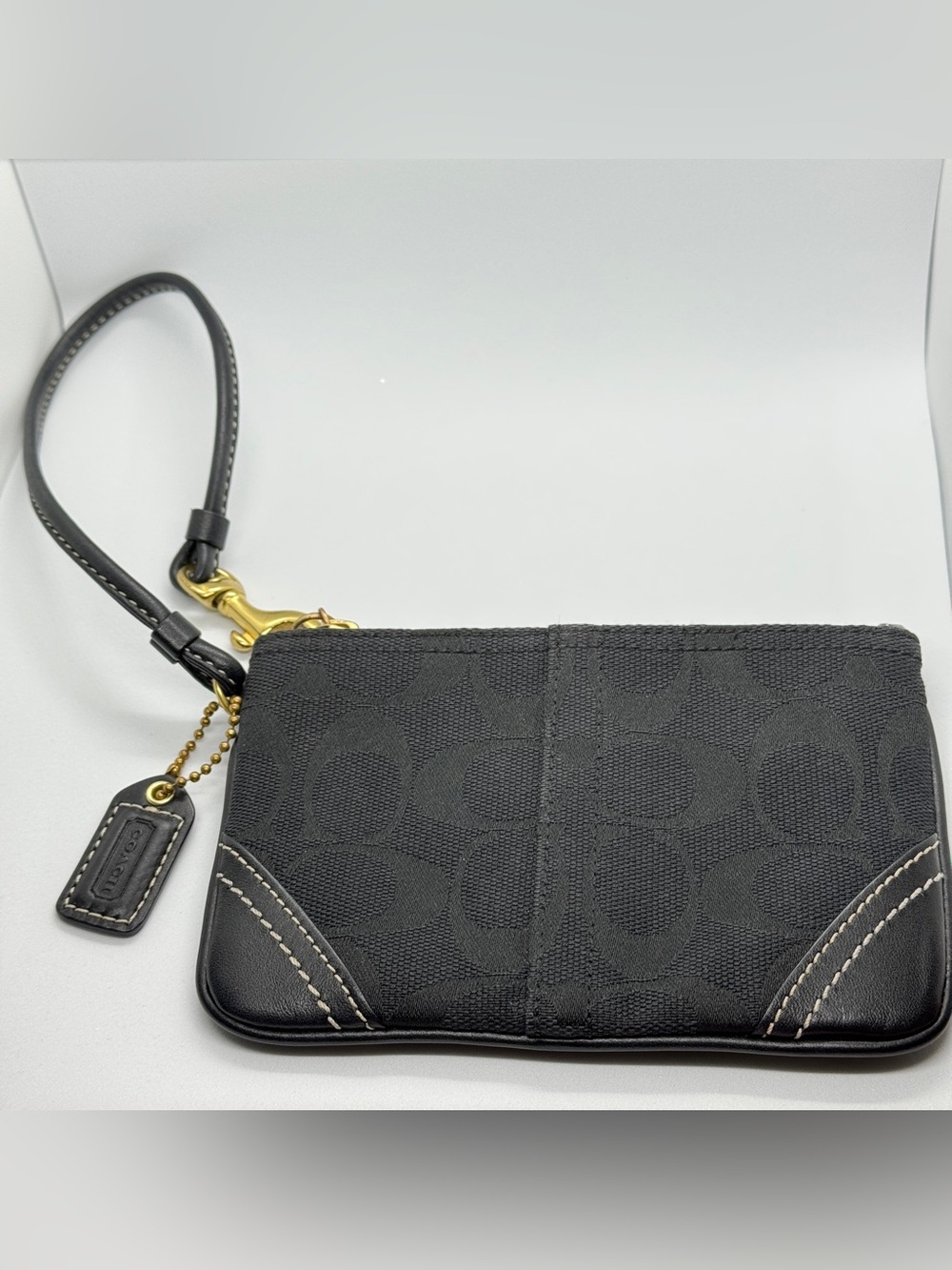 Coach Signature Black MIni Wristlet Jacquard Canvas Leather Gold Hardware